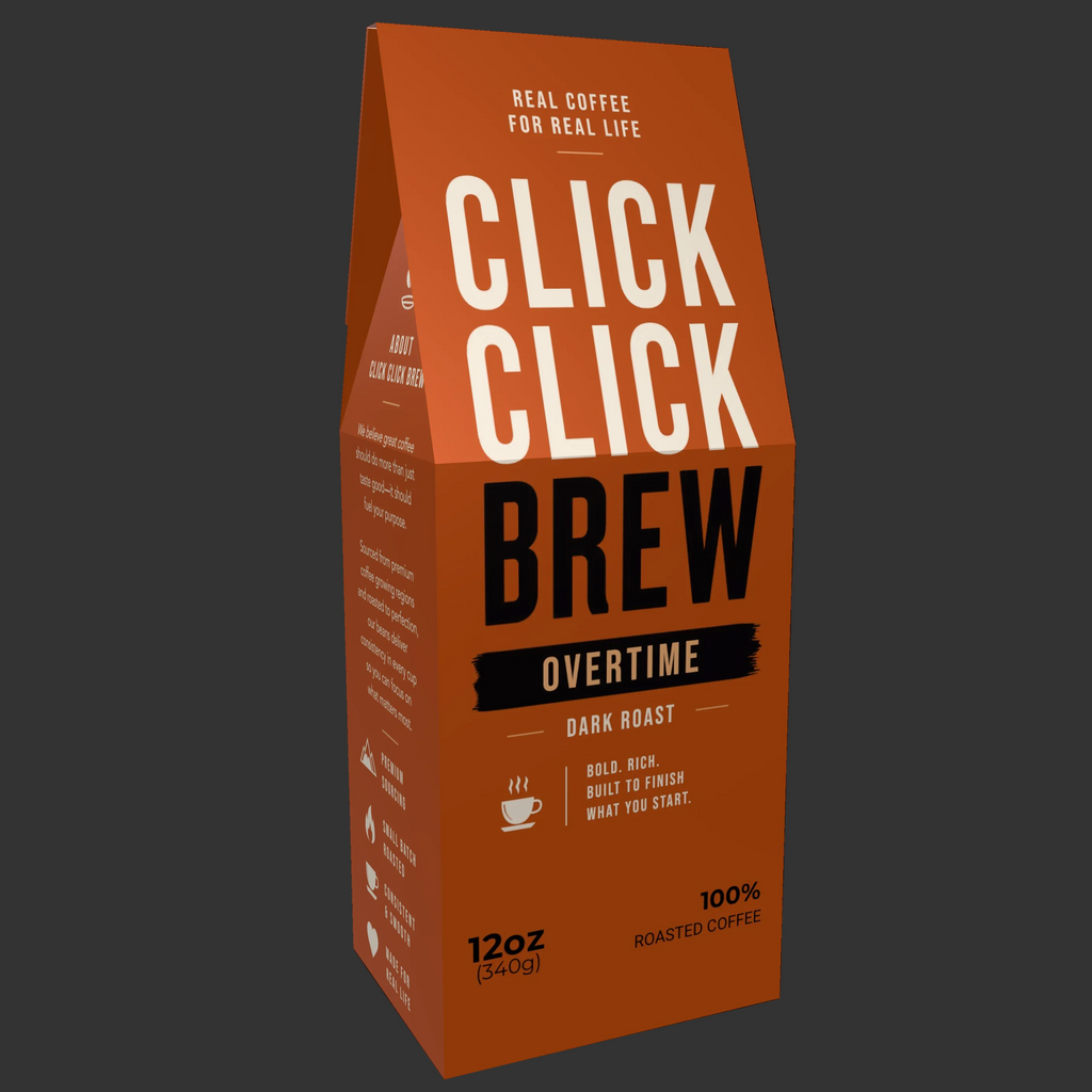 OVERTIME - A bold dark roast with rich flavor. Built for long days, extra effort, and the people who put in the overtime.